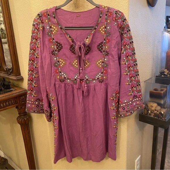 FREE PEOPLE Women Purple Multicolor Embroidery Linen Tassel Tunic Dress Size S/M - Picture 1 of 9